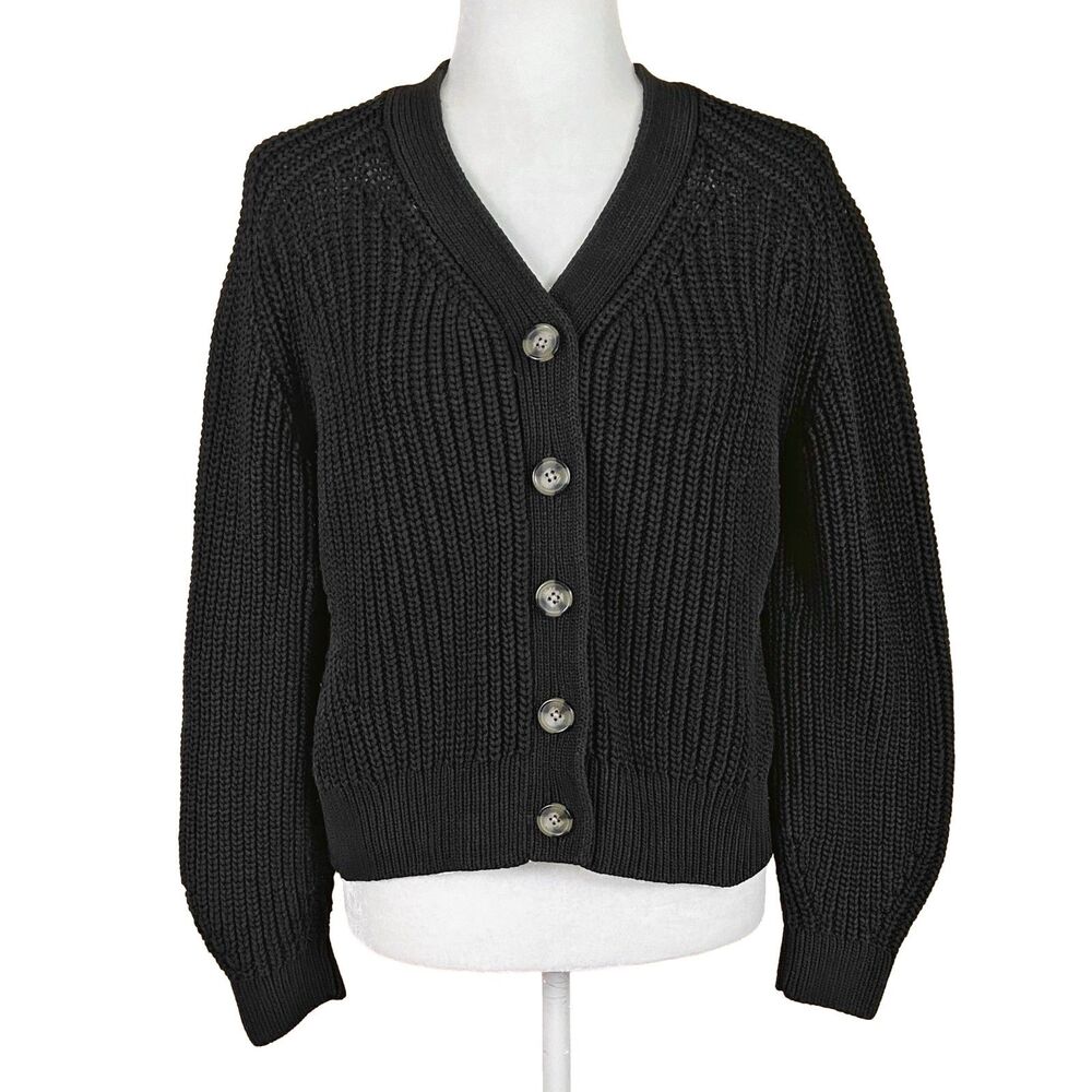 Everlane The Texture Cotton Cardigan Size L Black V-Neck Chunky Ribbed Knit